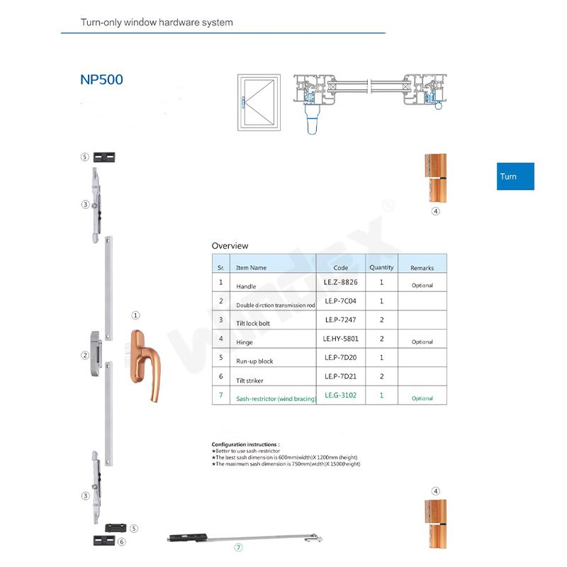 Turn-only inward opening window hardware NP500