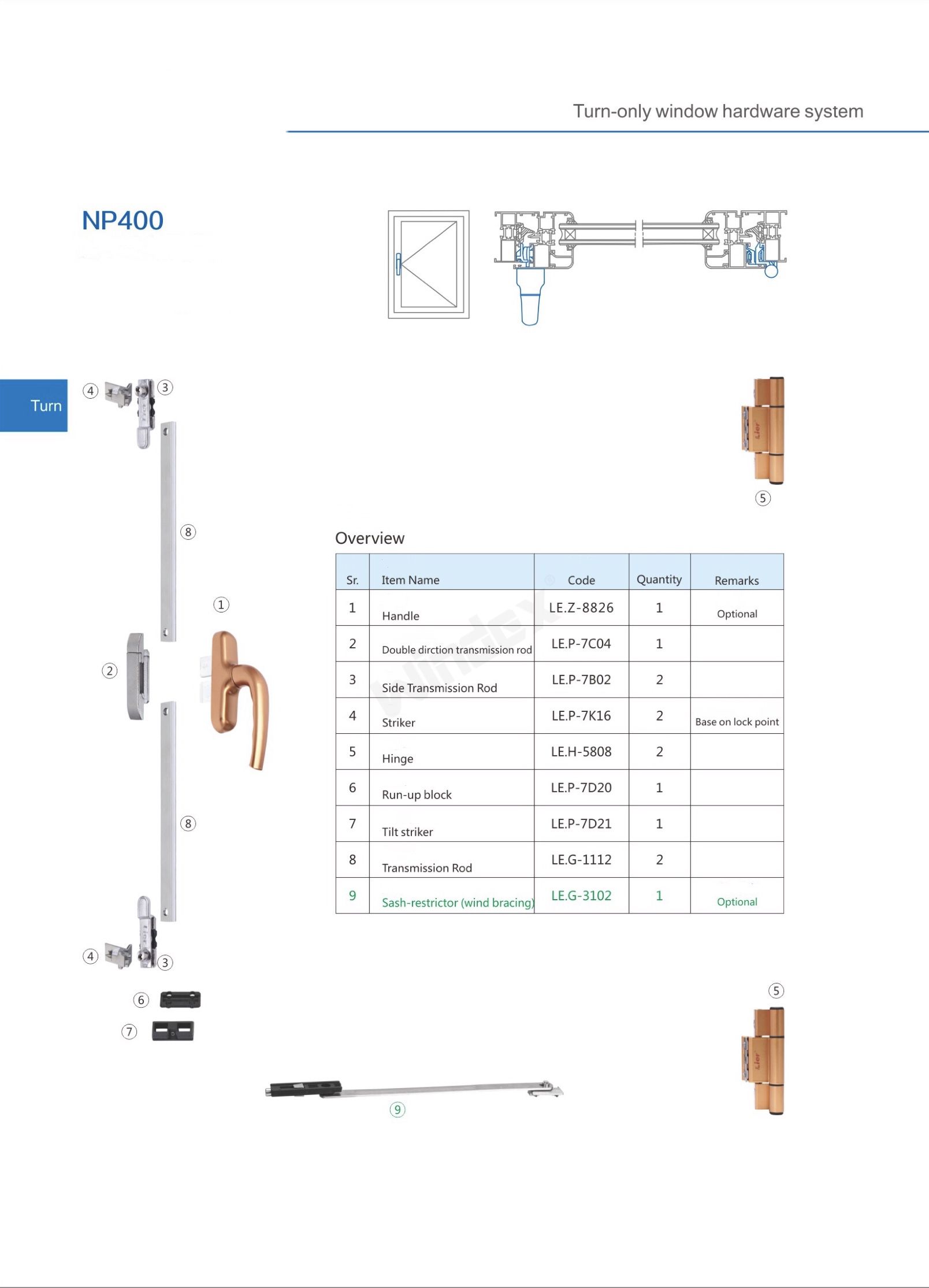 Turn-only inward opening window hardware NP400