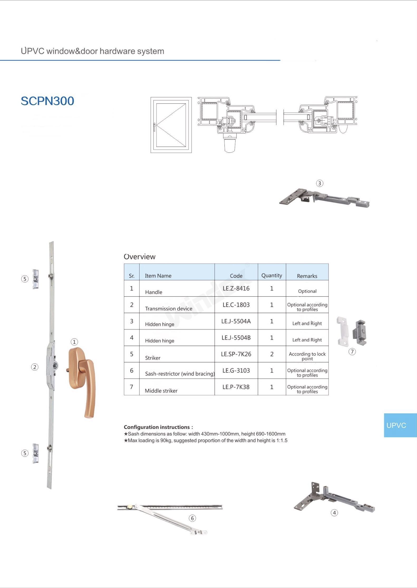 Turn-only inward opening window hardware(hinge type B) SCPN300